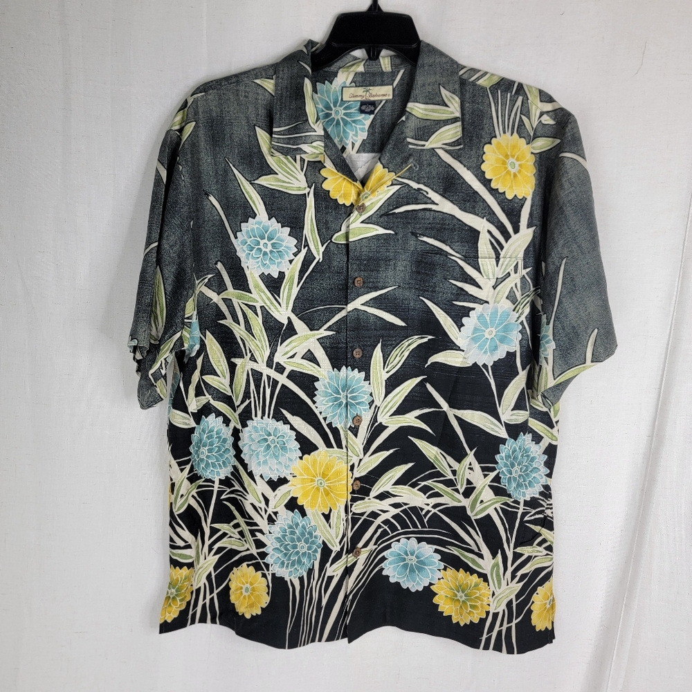 Tommy Bahama Mens Large Relax Hawaiian Button Up Shirt Floral Gray 100% Silk